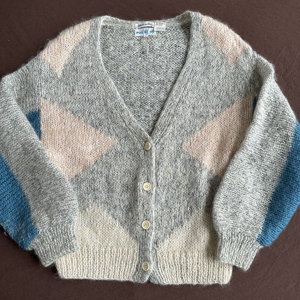 Vtg Made In Italy Mohair Wool Color Block Cardigan Sweater Boho Grandmacore